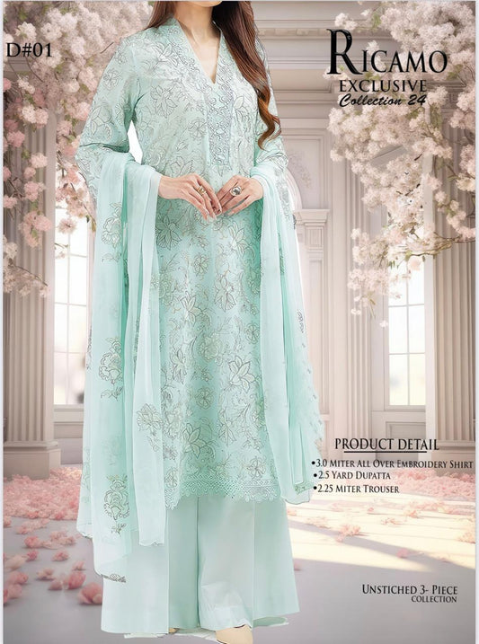 3Pc Embroidered Bareeze Unstitched Suit